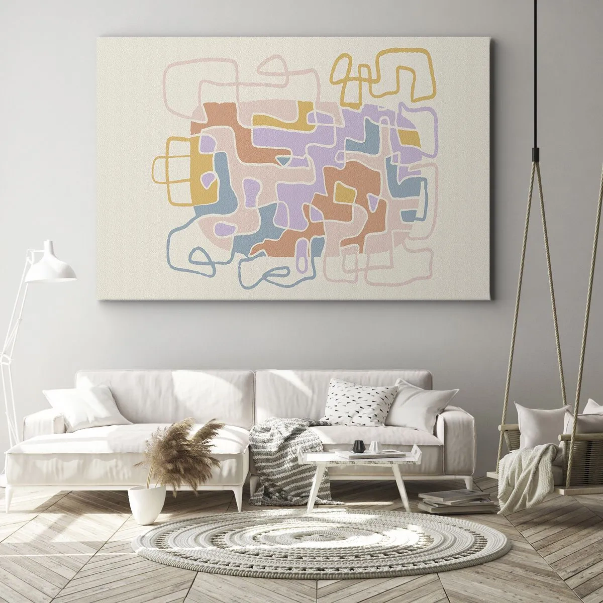 Quadro su tela - Stampe su Tela - Linee astratte pastello che creano motivi geometrici - 70x50cm - Labirinto: avventura gioiosa - Decorazione murale moderna per soggiorno e camera da letto ARTTOR