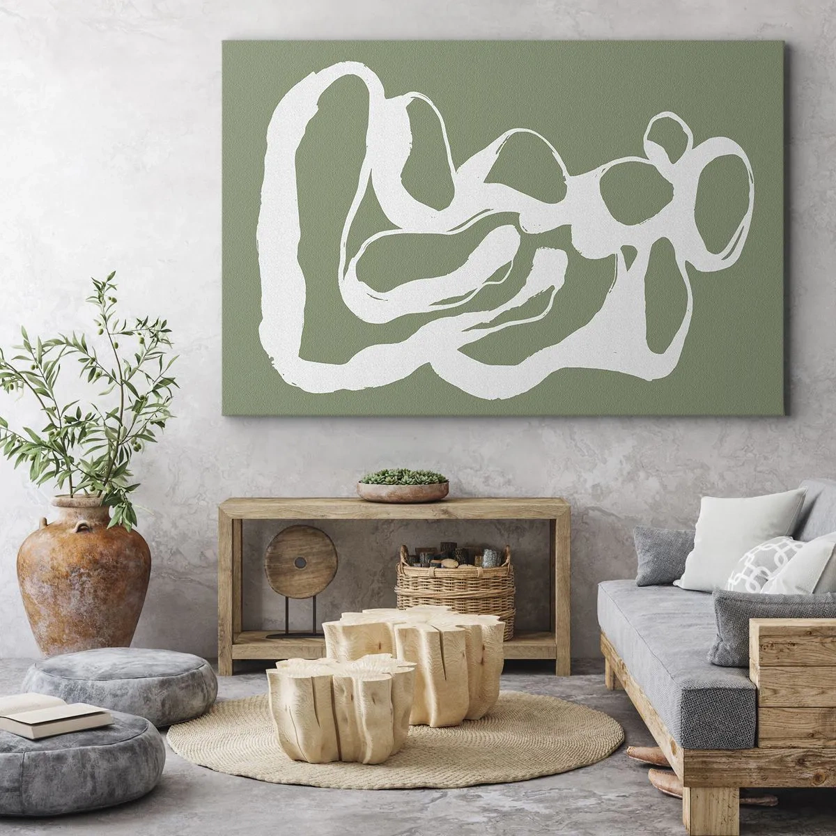 Quadro su tela - Stampe su Tela - Forme organiche in bianco su sfondo verde - 70x50cm - Il richiamo dello spazio - Decorazione murale moderna per soggiorno e camera da letto ARTTOR