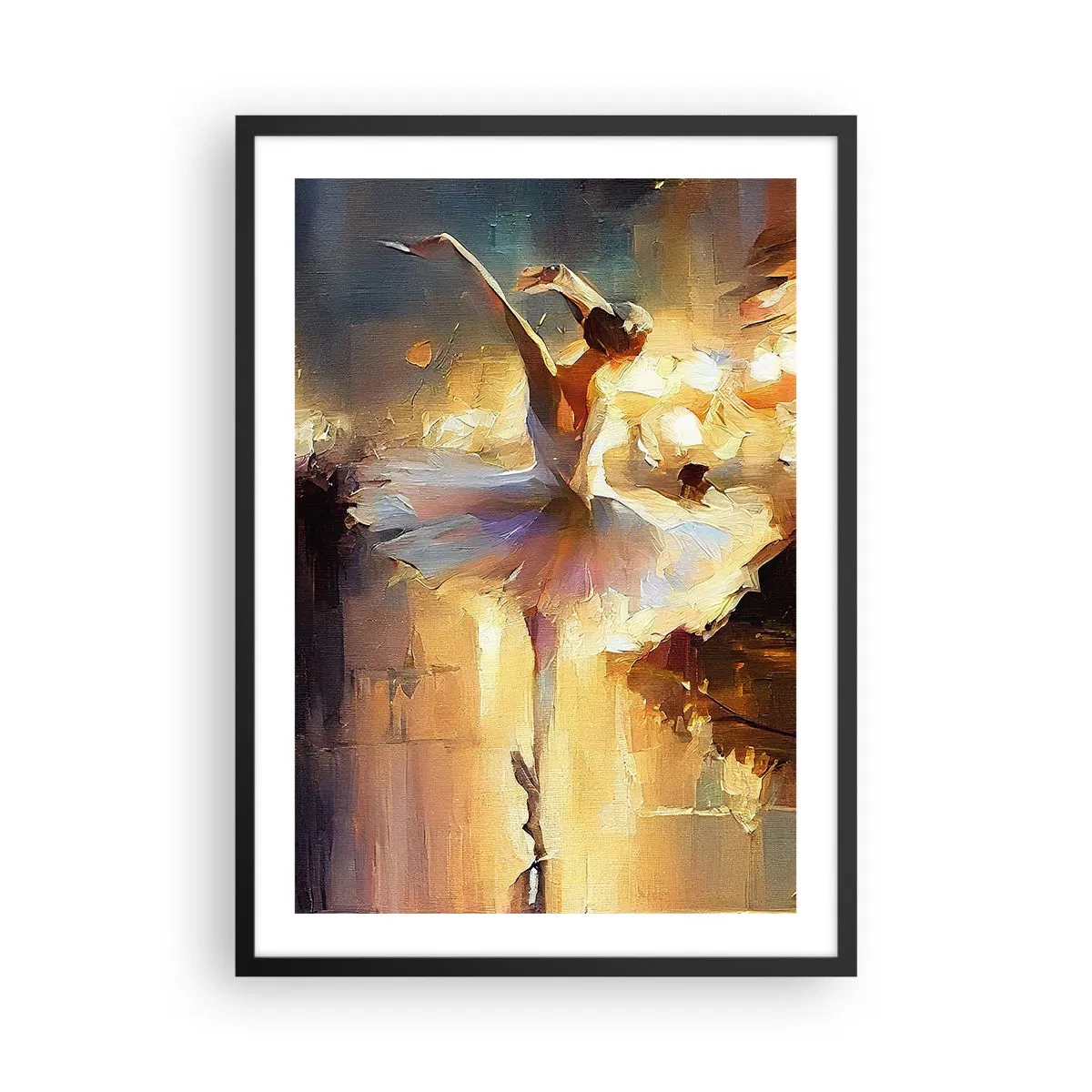 Poster in cornice nera - Una ballerina nella luce dorata del palcoscenico - 50x70cm - Miracolo nella strada - Decorazione murale moderna per soggiorno e camera da letto ARTTOR