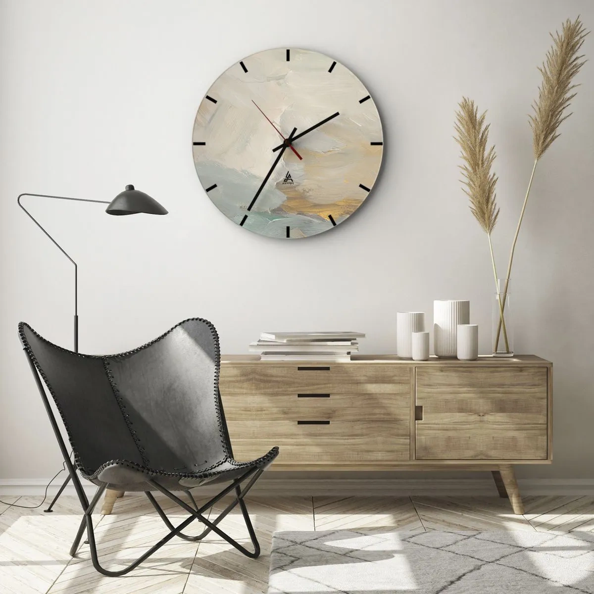 Orologio da parete - Orologio in Vetro - Delicate pennellate nei toni del beige, blu e oro - 30x30cm - Astrazione: il paese della mitezza - Decorazione murale moderna per soggiorno, cucina e camera da letto ARTTOR