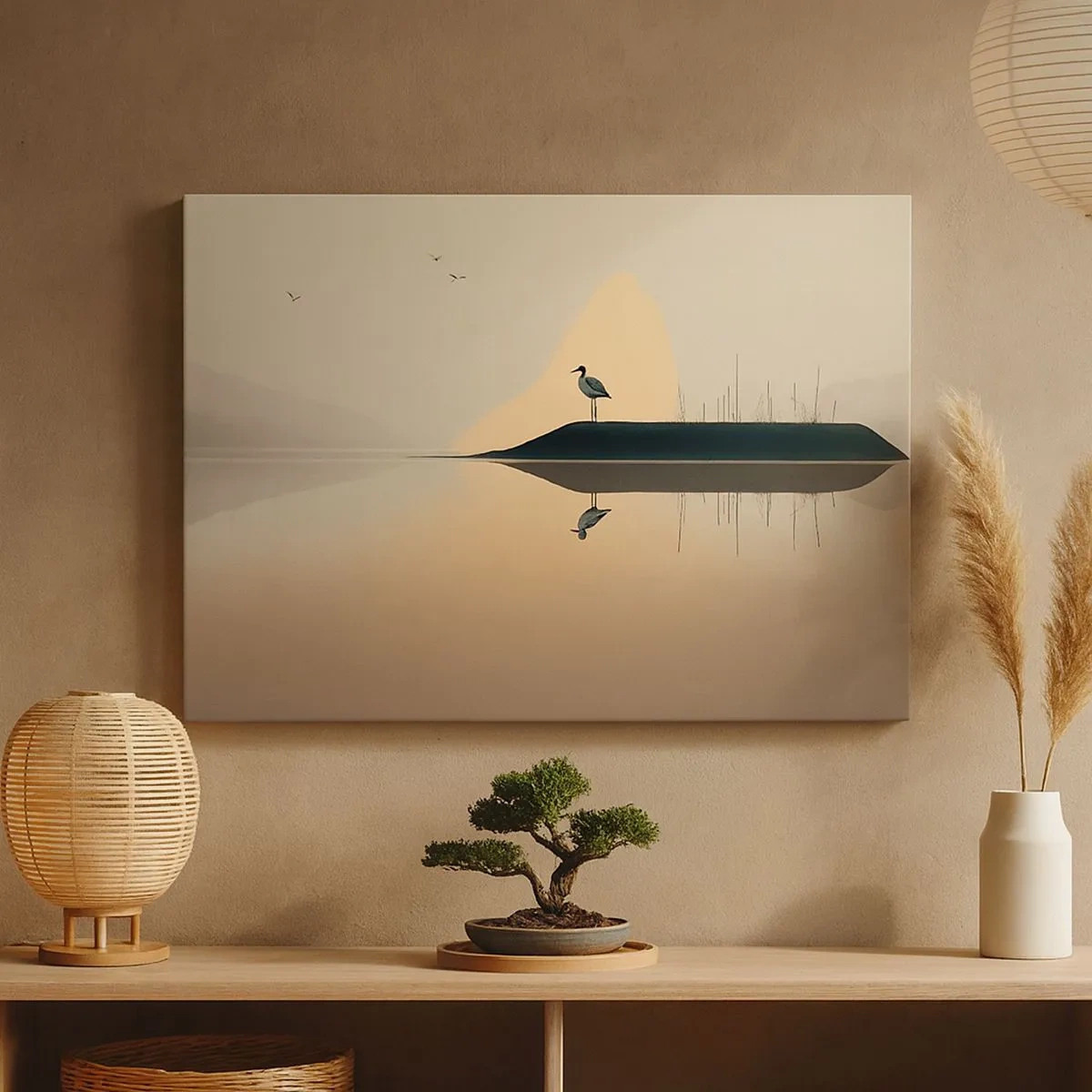 Quadro su tela - Stampe su Tela - Un uccello su un'isola in un lago calmo con tonalità calde - 70x50cm - Il signore del lago - Decorazione murale moderna per soggiorno e camera da letto ARTTOR