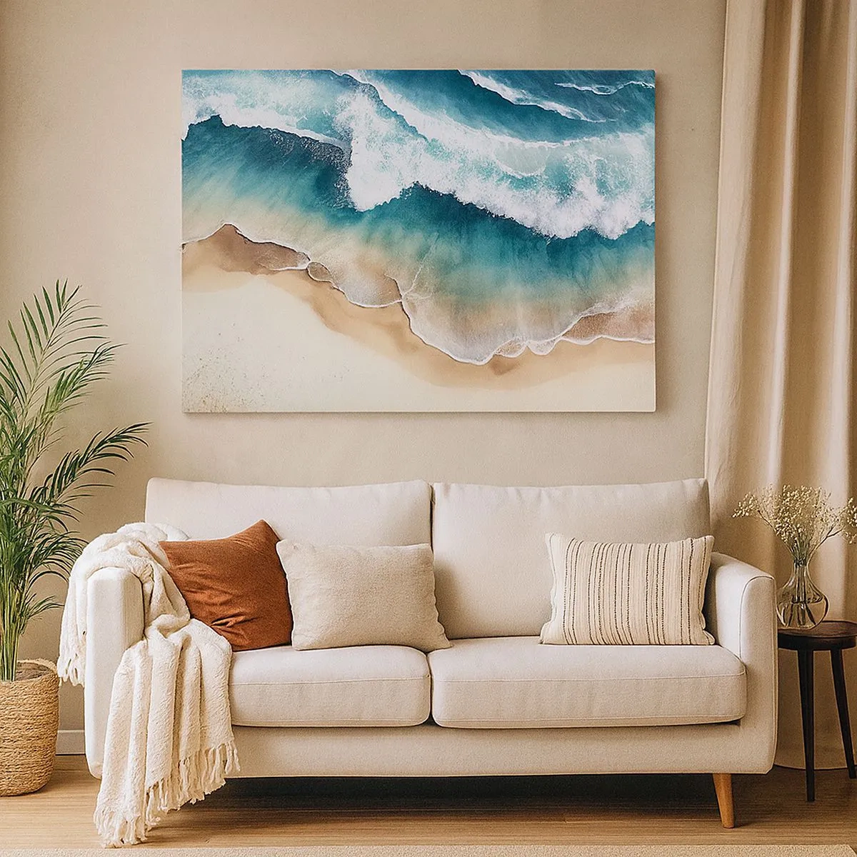 Quadro su tela - Stampe su Tela - Vista della spiaggia e delle onde del mare nelle tonalità del turchese - 70x50cm - L'eterno incontro - Decorazione murale moderna per soggiorno e camera da letto ARTTOR