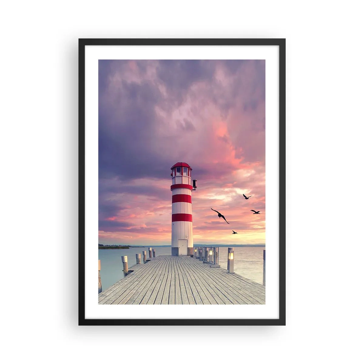 Poster in cornice nera - Faro sullo sfondo del tramonto - 50x70cm - Tempo di tornare in porto - Decorazione murale moderna per soggiorno e camera da letto ARTTOR