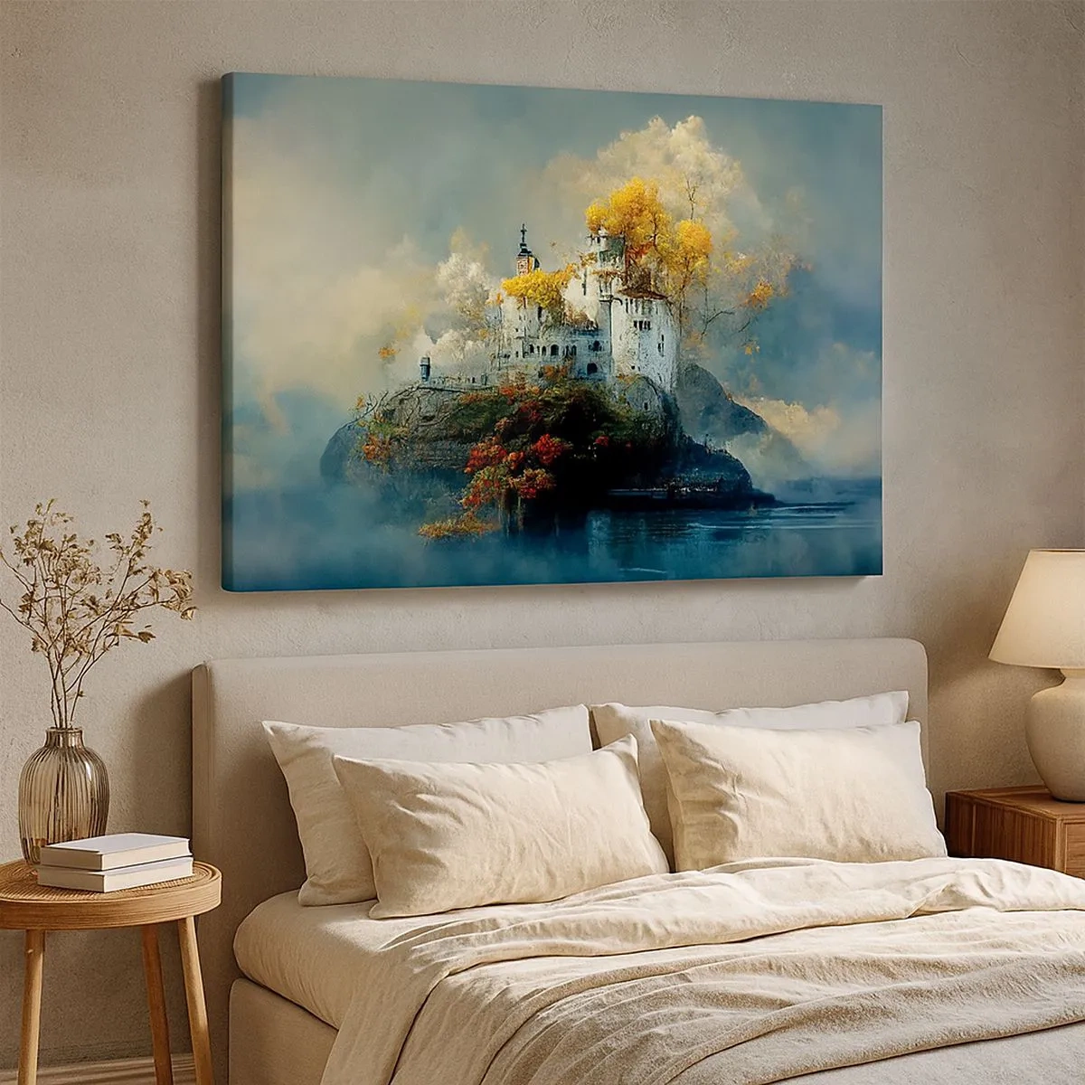 Quadro su tela - Stampe su Tela - Un castello su una collina circondato da alberi autunnali - 70x50cm - Inizio di una storia romantica - Decorazione murale moderna per soggiorno e camera da letto ARTTOR