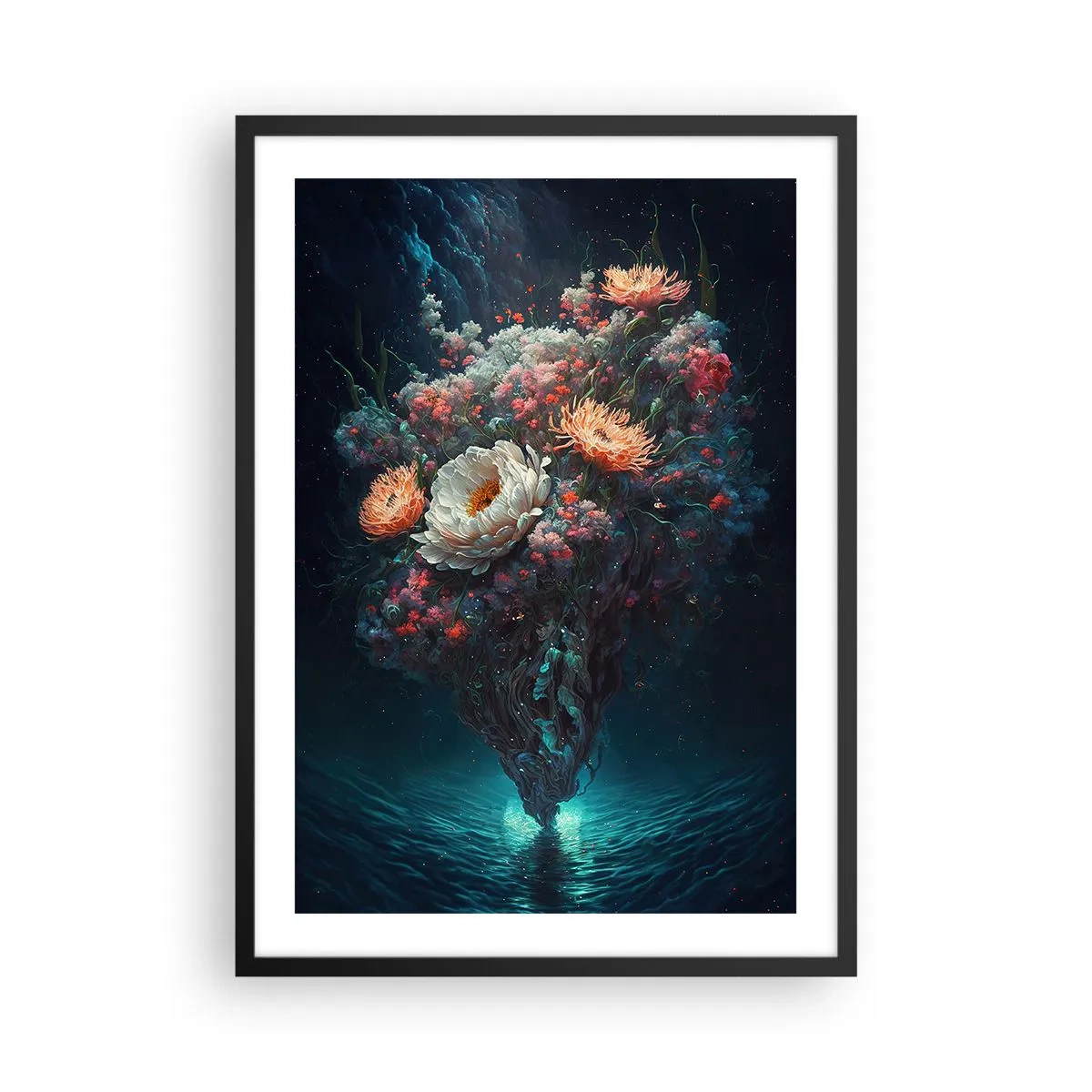 Poster in cornice nera - Una magica composizione di fiori che galleggiano sull'acqua - 50x70cm - Uno strano giardino - Decorazione murale moderna per soggiorno e camera da letto ARTTOR