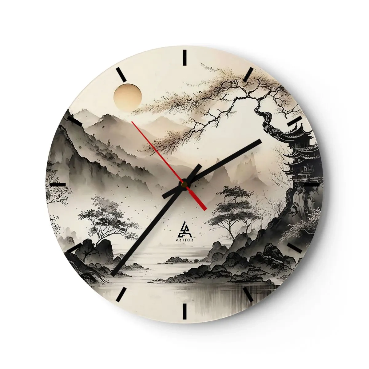 Orologio da parete - Orologio in Vetro - Dipinto a inchiostro cinese raffigurante un paesaggio montano con una pagoda e una valle nebbiosa - 30x30cm - Il fascino irripetibile dell'oriente