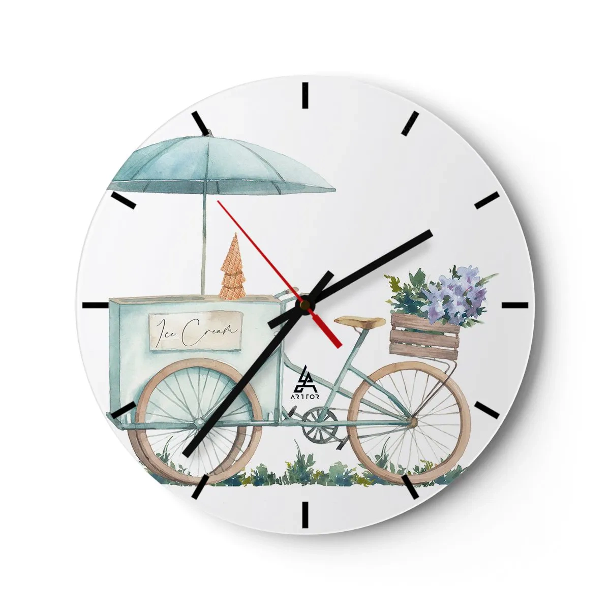Orologio da parete - Orologio in Vetro - Una bicicletta con gelato e fiori in acquerello pastello - 30x30cm - Dolce ricordo d'estate - Decorazione murale moderna per soggiorno, cucina e camera da letto ARTTOR