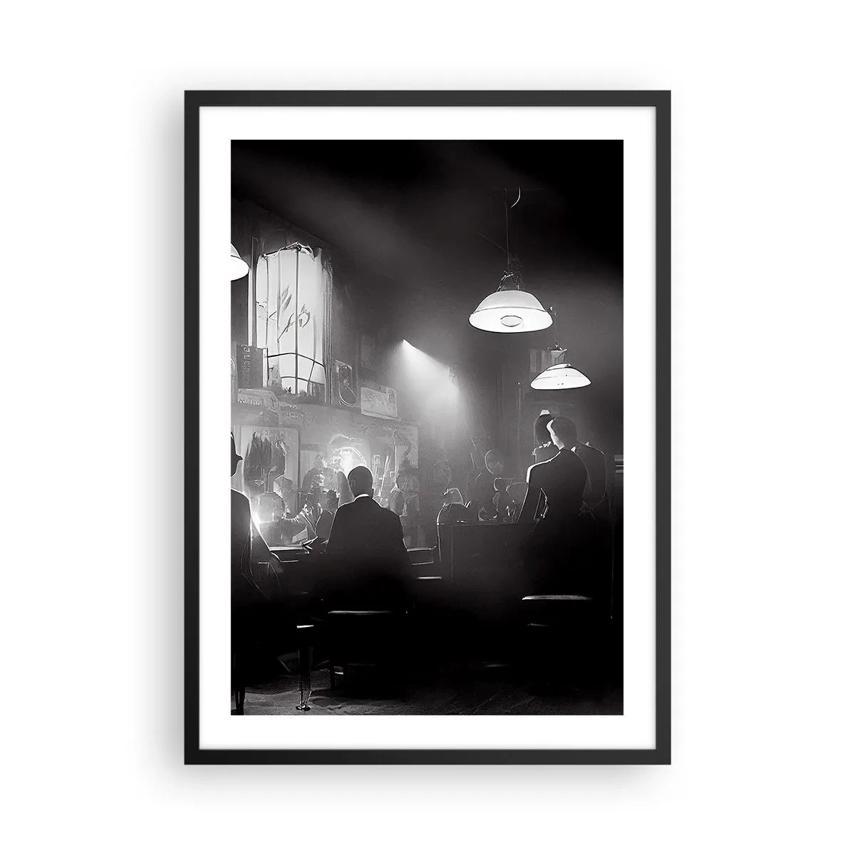 Poster in cornice nera - Una scena in bianco e nero di un suggestivo locale notturno jazz - 50x70cm - Nell'atmosfera jazz - Decorazione murale moderna per soggiorno e camera da letto ARTTOR