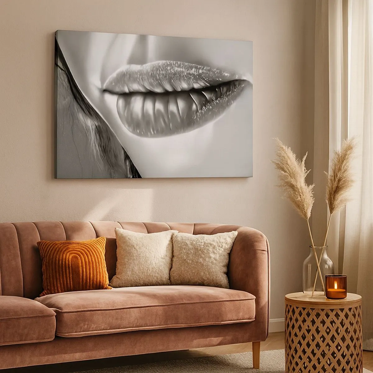 Quadro su tela - Stampe su Tela - Primo piano in bianco e nero delle labbra di una donna con effetto lucido e dettagli. - 70x50cm - So quello che pensi - Decorazione murale moderna per soggiorno e camera da letto ARTTOR