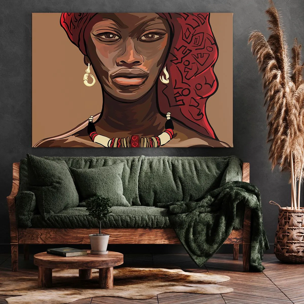 Quadro su tela - Stampe su Tela - Ritratto di una donna con un turbante rosso su sfondo beige - 70x50cm - Venere di ebano - Decorazione murale moderna per soggiorno e camera da letto ARTTOR
