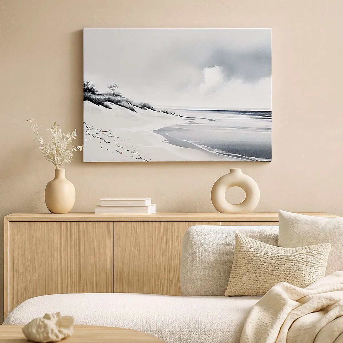Quadro su tela - Stampe su Tela - Una spiaggia dalle tenui tonalità di grigio e blu - 70x50cm - Insieme da sempre - Decorazione murale moderna per soggiorno e camera da letto ARTTOR