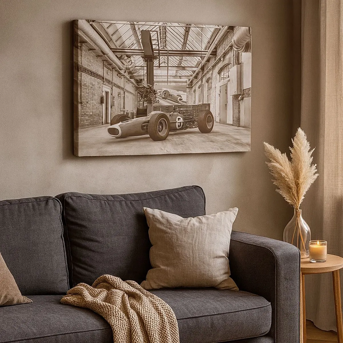 Quadro su tela - Stampe su Tela - Auto da corsa in bianco e nero in un interno industriale - 70x50cm - Il riposo del vincitore - Decorazione murale moderna per soggiorno e camera da letto ARTTOR