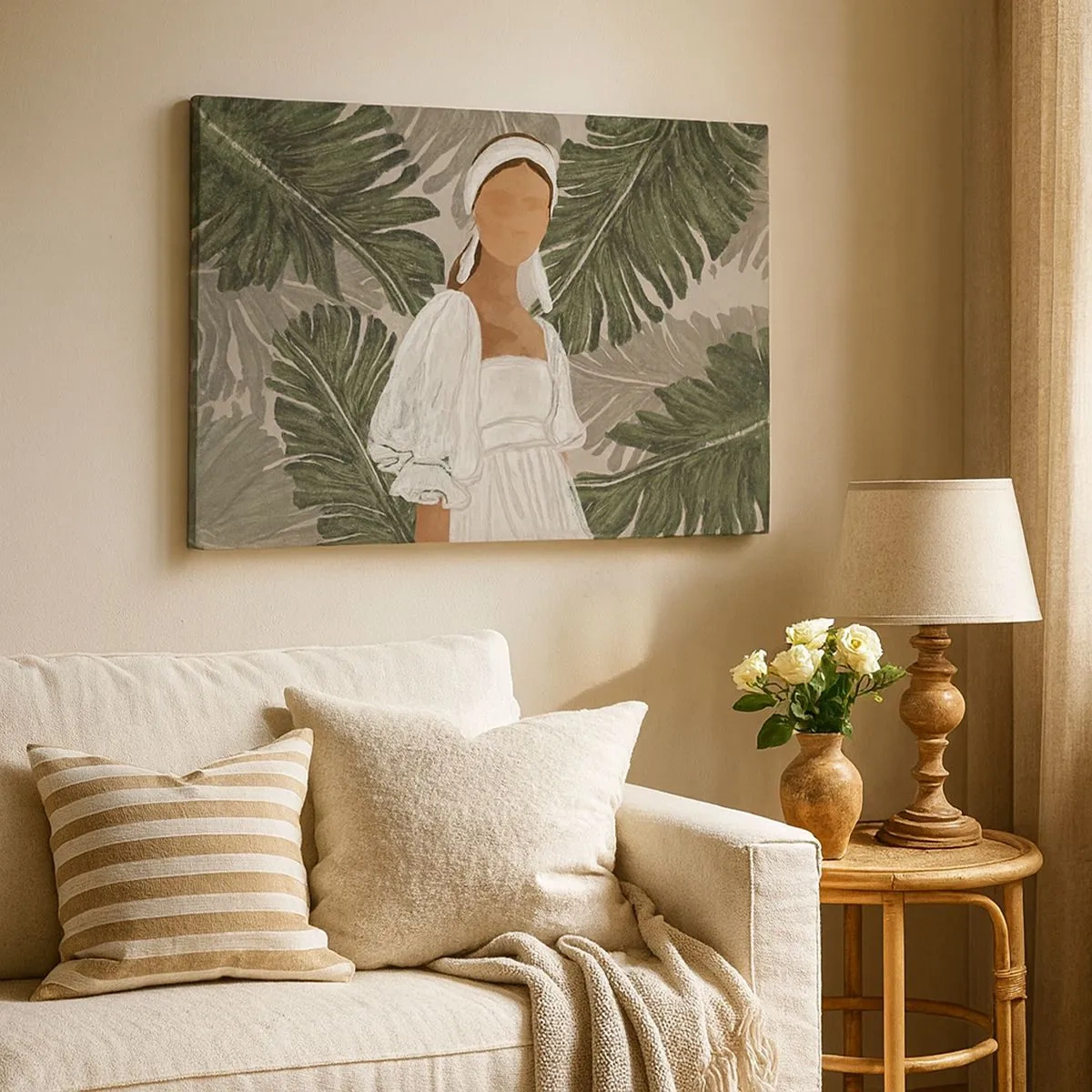 Quadro su tela - Stampe su Tela - Ritratto di una donna in abito bianco su uno sfondo di foglie di monstera - 70x50cm - Ritratto esotico - Decorazione murale moderna per soggiorno e camera da letto ARTTOR