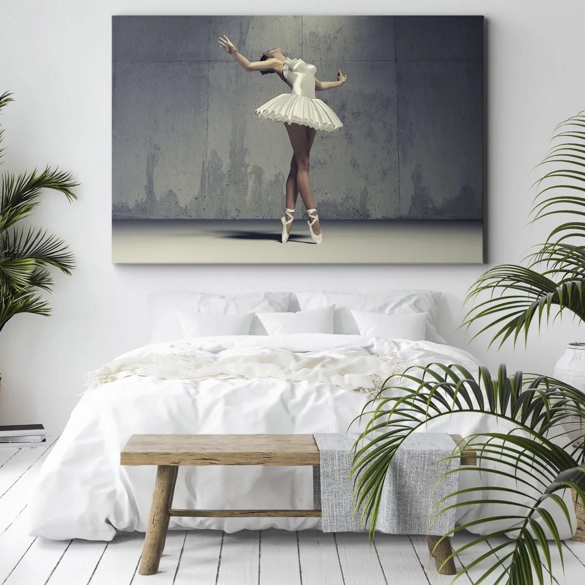 Quadro su tela - Stampe su Tela - Una ballerina in abito bianco contro un muro grezzo. - 70x50cm - Leggero come un uccello - Decorazione murale moderna per soggiorno e camera da letto ARTTOR