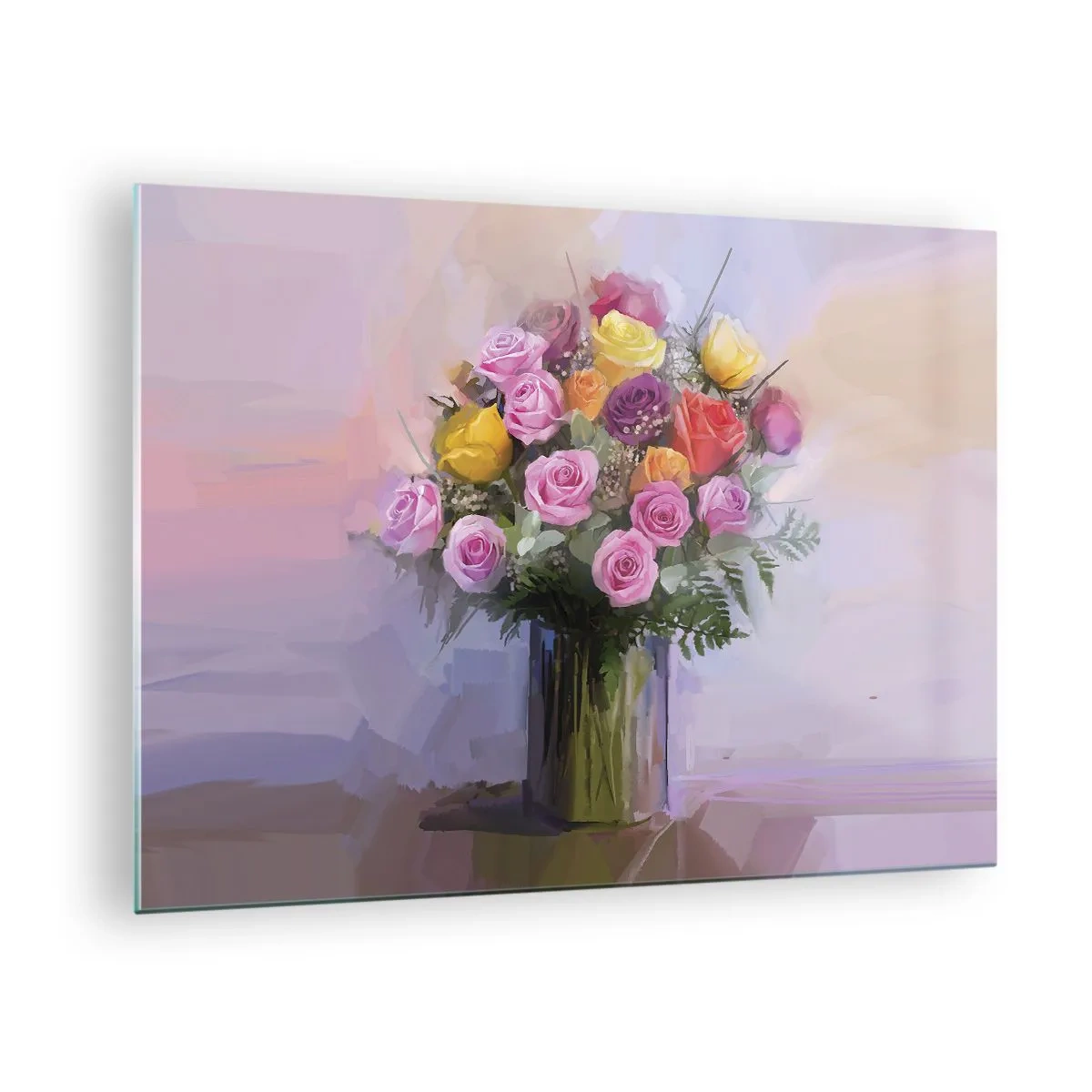 Quadro su vetro - Un mazzo di rose in un vaso di vetro su uno sfondo pastello - 70x50cm - Bellezza immobile - Decorazione murale moderna per soggiorno e camera da letto ARTTOR