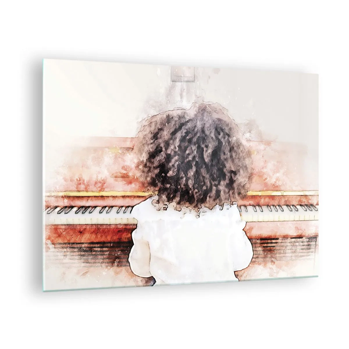 Quadro su vetro - Un bambino con i capelli ricci che suona il pianoforte - 70x50cm - Nel nuovo mondo - Decorazione murale moderna per soggiorno e camera da letto ARTTOR