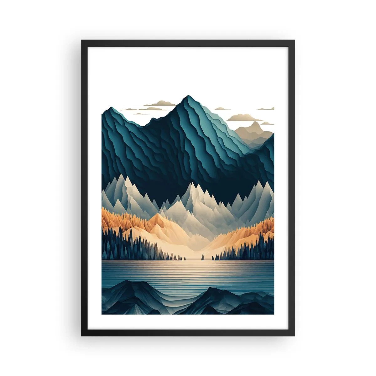 Poster in cornice nera - Paesaggio montano stilizzato con un lago nei toni del blu - 50x70cm - Perfetto paesaggio montano - Decorazione murale moderna per soggiorno e camera da letto ARTTOR