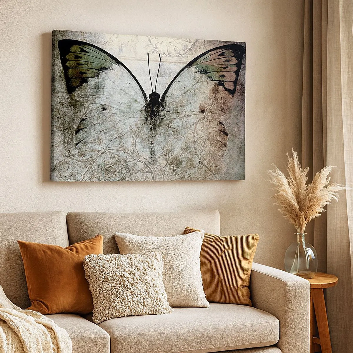 Quadro su tela - Stampe su Tela - Una farfalla nei toni del verde e del grigio su uno sfondo decorativo - 70x50cm - In stile Art Nouveau - Decorazione murale moderna per soggiorno e camera da letto ARTTOR