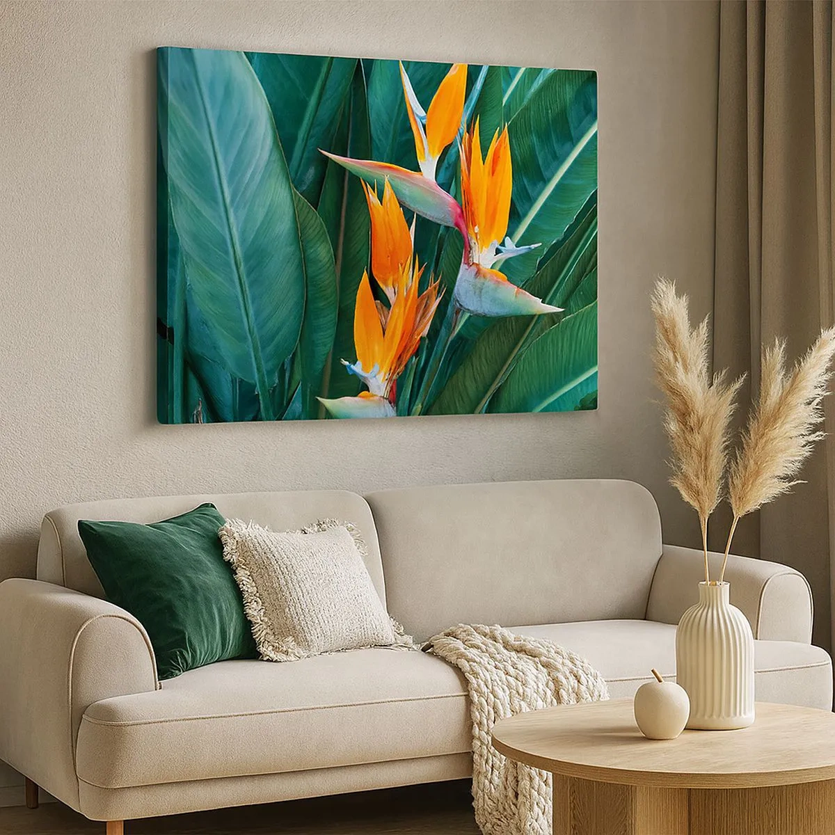 Quadro su tela - Stampe su Tela - Fiori esotici di strelitzia circondati da foglie verdi - 70x50cm - È un fiore o un uccello? - Decorazione murale moderna per soggiorno e camera da letto ARTTOR