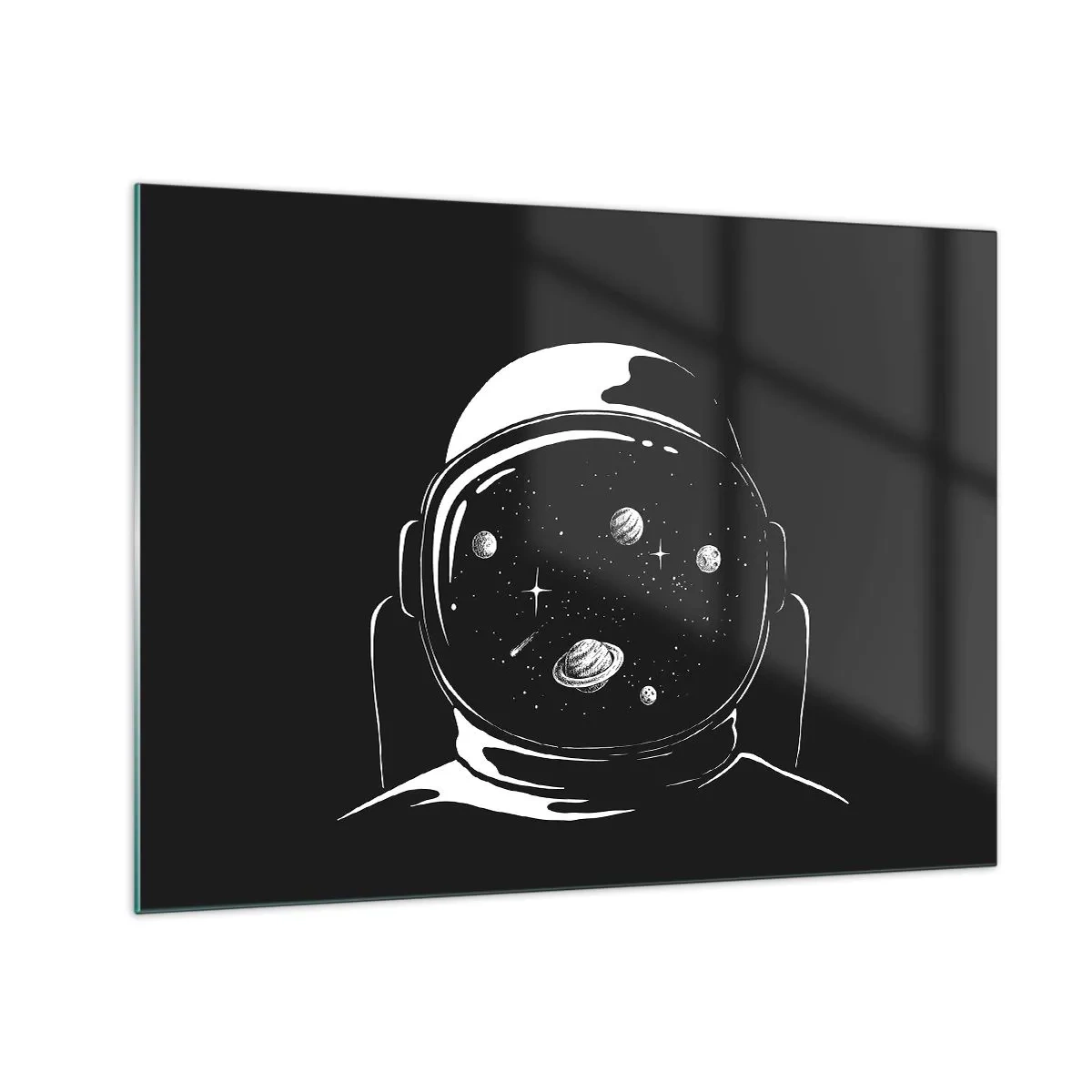 Quadro su vetro - Astronauta con stelle e pianeti nel suo casco su sfondo nero - 70x50cm - Panorama niente male - Decorazione murale moderna per soggiorno e camera da letto ARTTOR