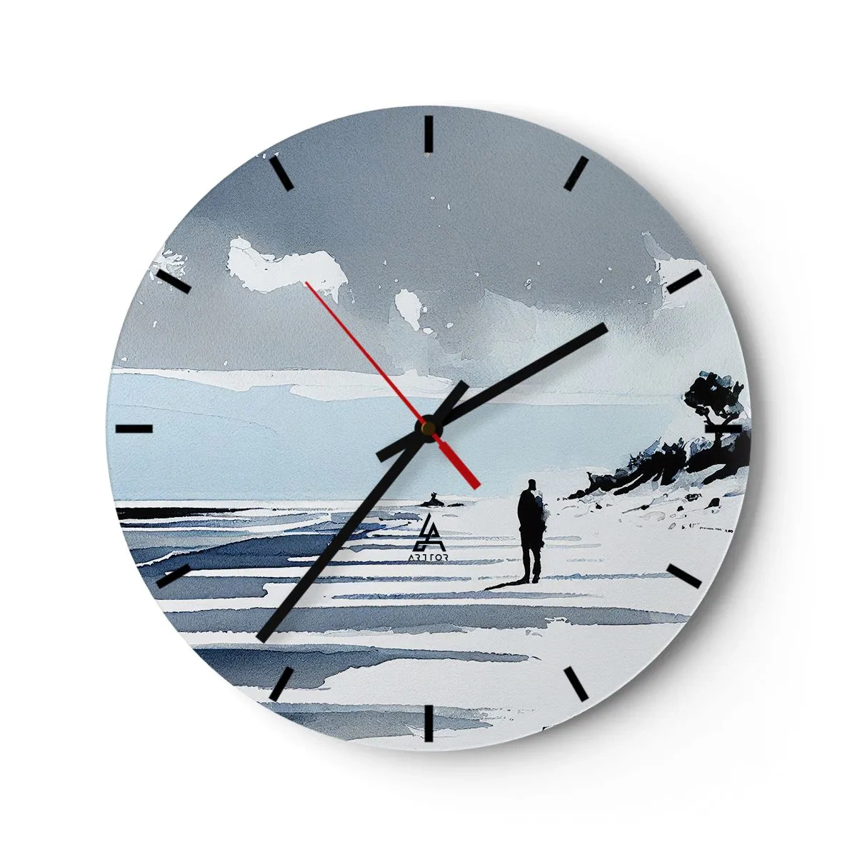 Orologio da parete - Orologio in Vetro - Silhouette di una persona che cammina da sola sulla spiaggia nei toni del grigio e del blu - 30x30cm - Solo con se stesso - Decorazione murale moderna per soggiorno, cucina e camera da letto ARTTOR