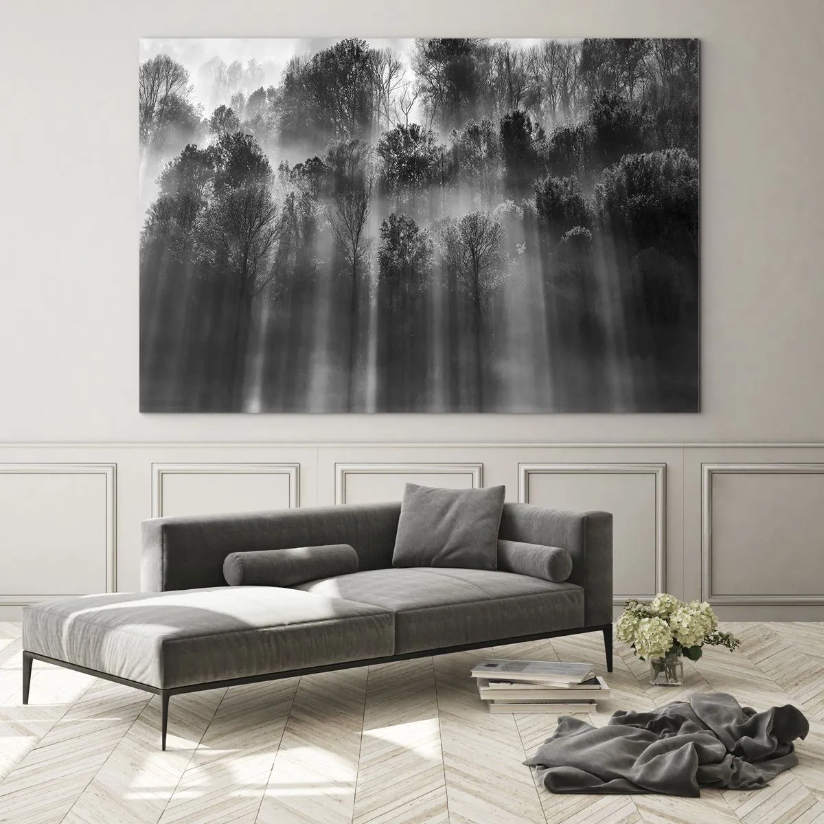 Quadro su vetro - Raggi di luce bianchi e neri che penetrano nella foresta - 70x50cm - Nei getti di luce - Decorazione murale moderna per soggiorno e camera da letto ARTTOR