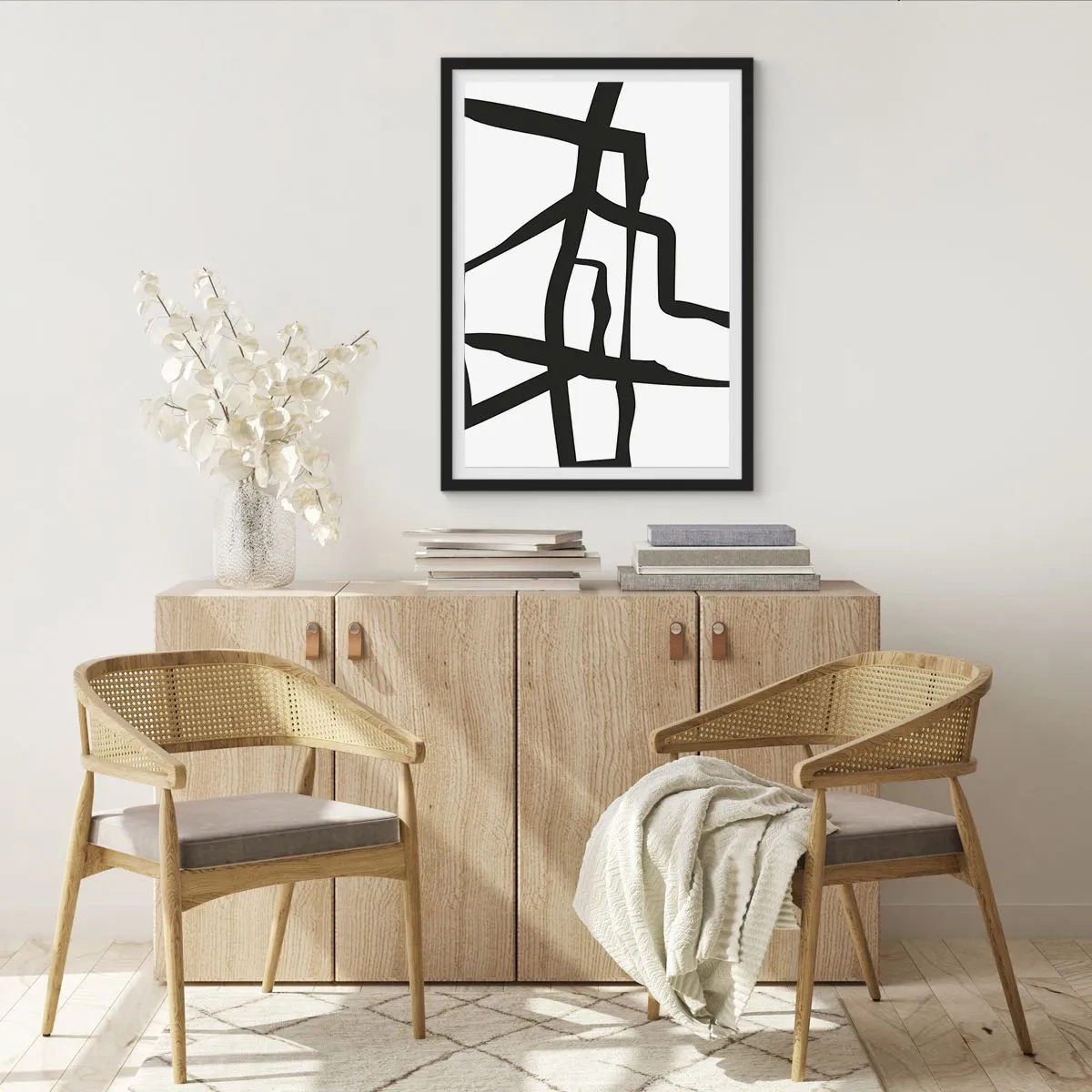 Poster in cornice nera - Composizione astratta di linee nere su sfondo bianco - 50x70cm - Struttura bianca e nera - Decorazione murale moderna per soggiorno e camera da letto ARTTOR