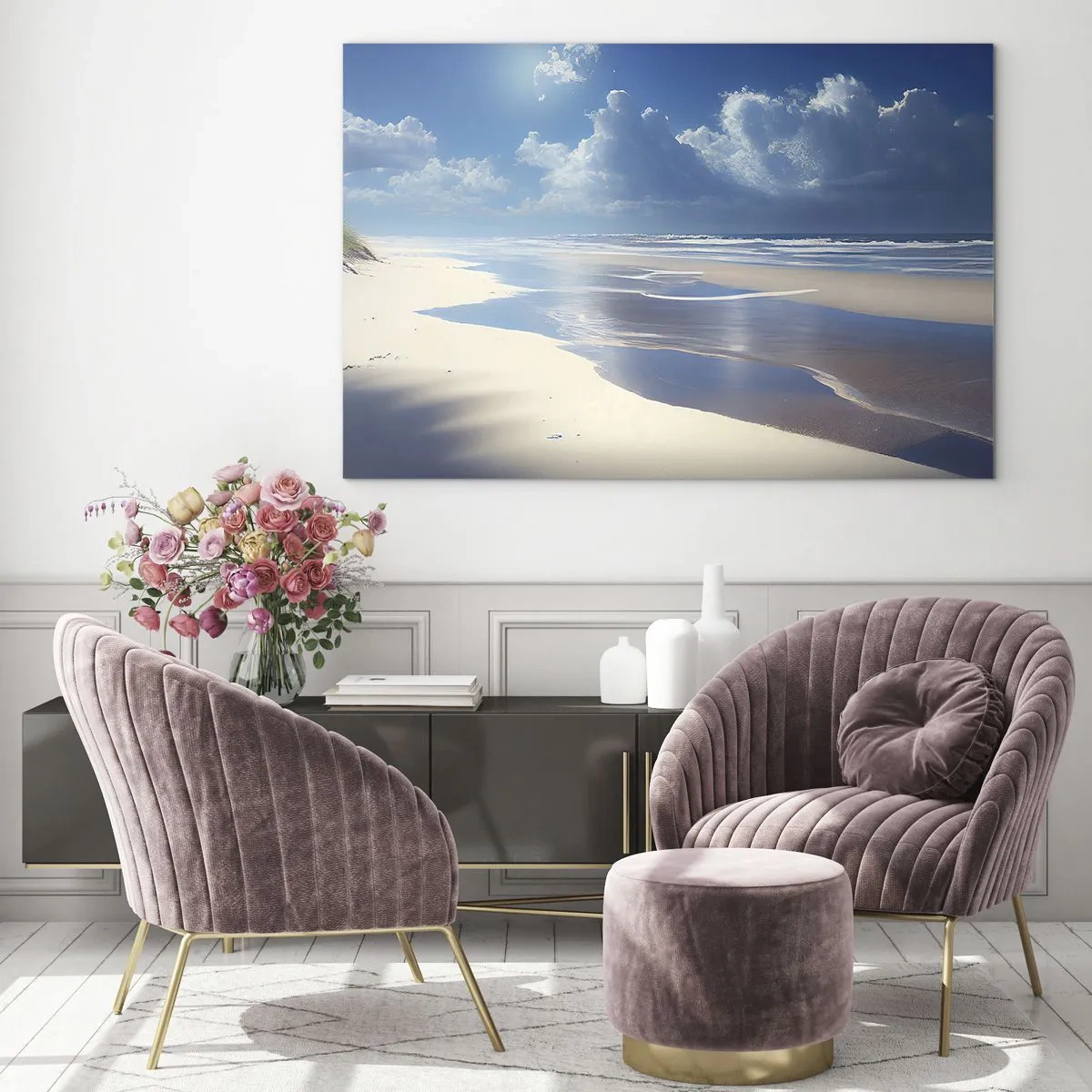 Quadro su vetro - Un'ampia spiaggia sabbiosa e onde calme sotto un cielo azzurro - 70x50cm - Vacanze in paradiso - Decorazione murale moderna per soggiorno e camera da letto ARTTOR