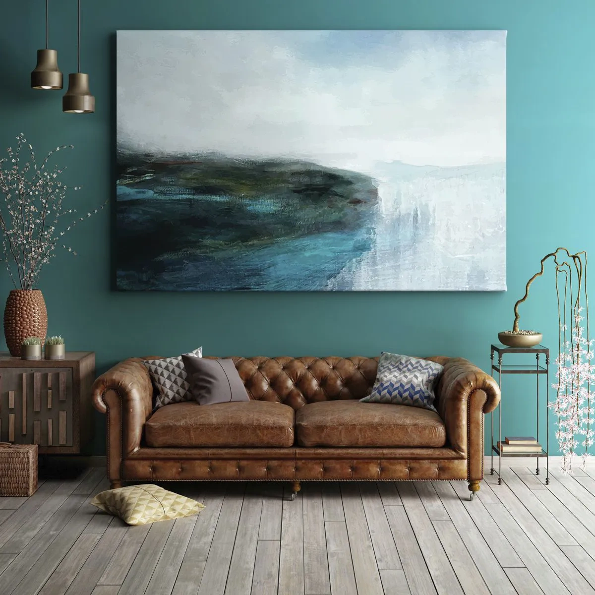 Quadro su tela - Stampe su Tela - Paesaggio astratto nei toni del turchese e del grigio - 70x50cm - Astrazione marittima - Decorazione murale moderna per soggiorno e camera da letto ARTTOR