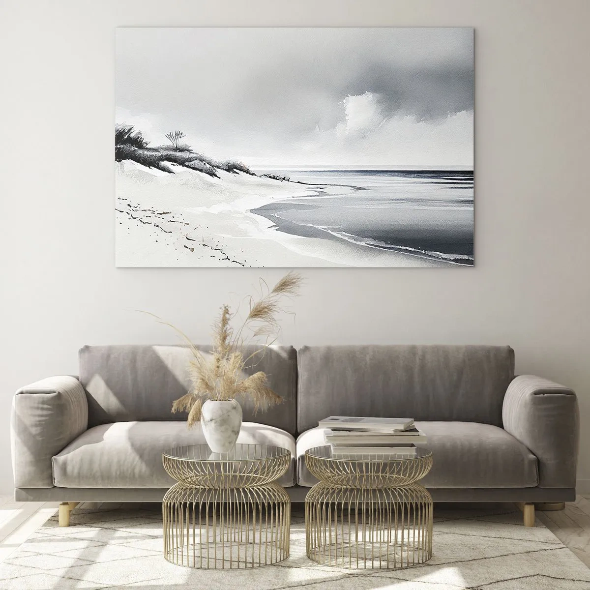 Quadro su vetro - Spiaggia bianca e nera con orizzonte e mare calmo - 70x50cm - Insieme da sempre - Decorazione murale moderna per soggiorno e camera da letto ARTTOR