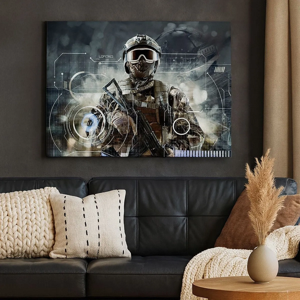 Quadro su tela - Stampe su Tela - Un soldato con un casco futuristico e una pistola sullo sfondo della tecnologia. - 70x50cm - Potenza al quadrato - Decorazione murale moderna per soggiorno e camera da letto ARTTOR