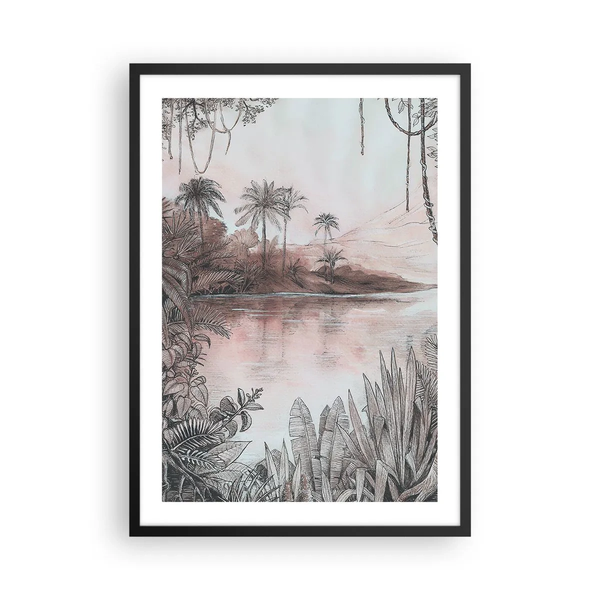 Poster in cornice nera - Paesaggio esotico in riva all'acqua - 50x70cm - Diario di un esploratore del 19esimo secolo - Decorazione murale moderna per soggiorno e camera da letto ARTTOR