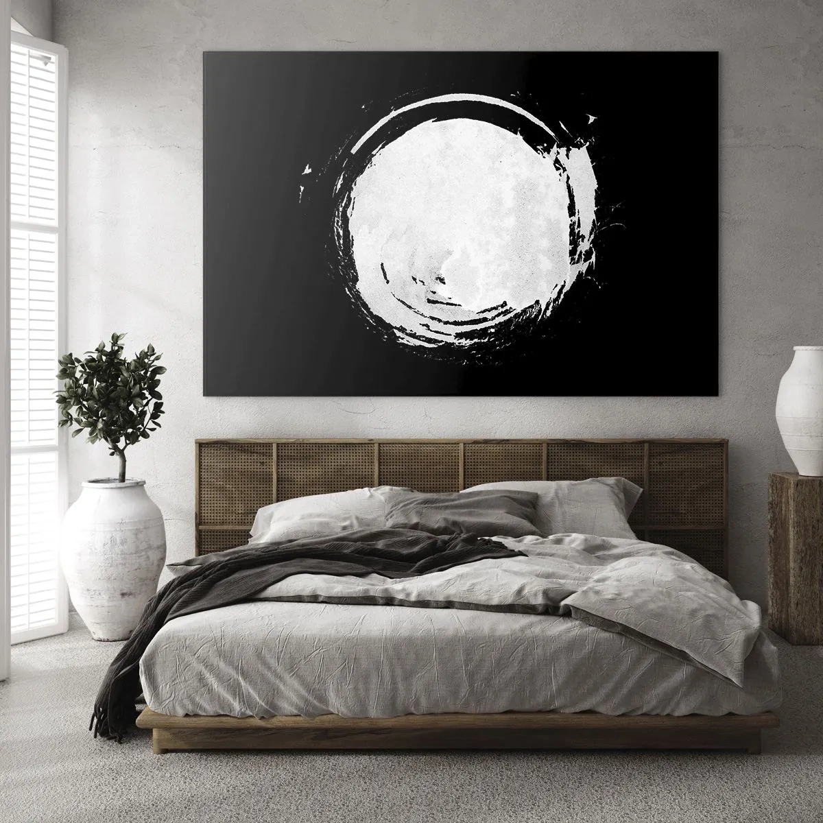Quadro su vetro - Cerchio astratto bianco su sfondo nero - 70x50cm - Una buona soluzione - Decorazione murale moderna per soggiorno e camera da letto ARTTOR