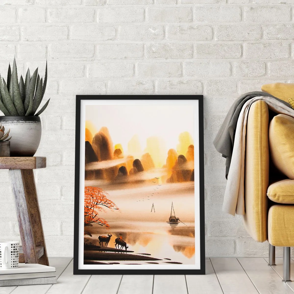 Poster in cornice nera - Paesaggio montano orientale nella nebbia con una barca e animali - 50x70cm - Oltre l'Estremo Oriente - Decorazione murale moderna per soggiorno e camera da letto ARTTOR