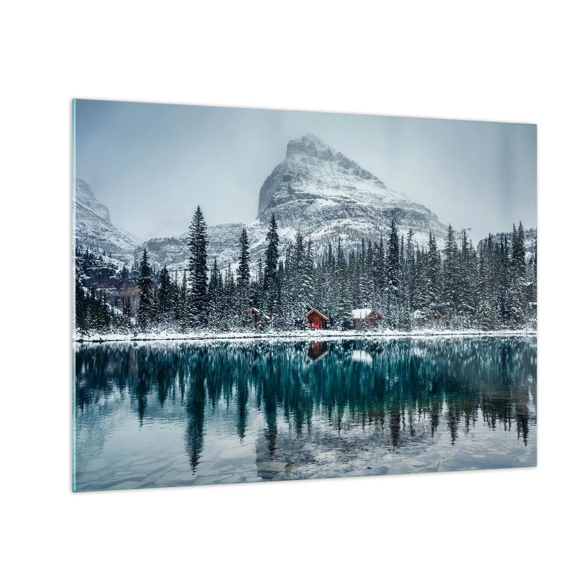 Quadro su vetro - Paesaggio invernale con montagne, foreste e cottage sul lago - 70x50cm - Rifugio canadese - Decorazione murale moderna per soggiorno e camera da letto ARTTOR