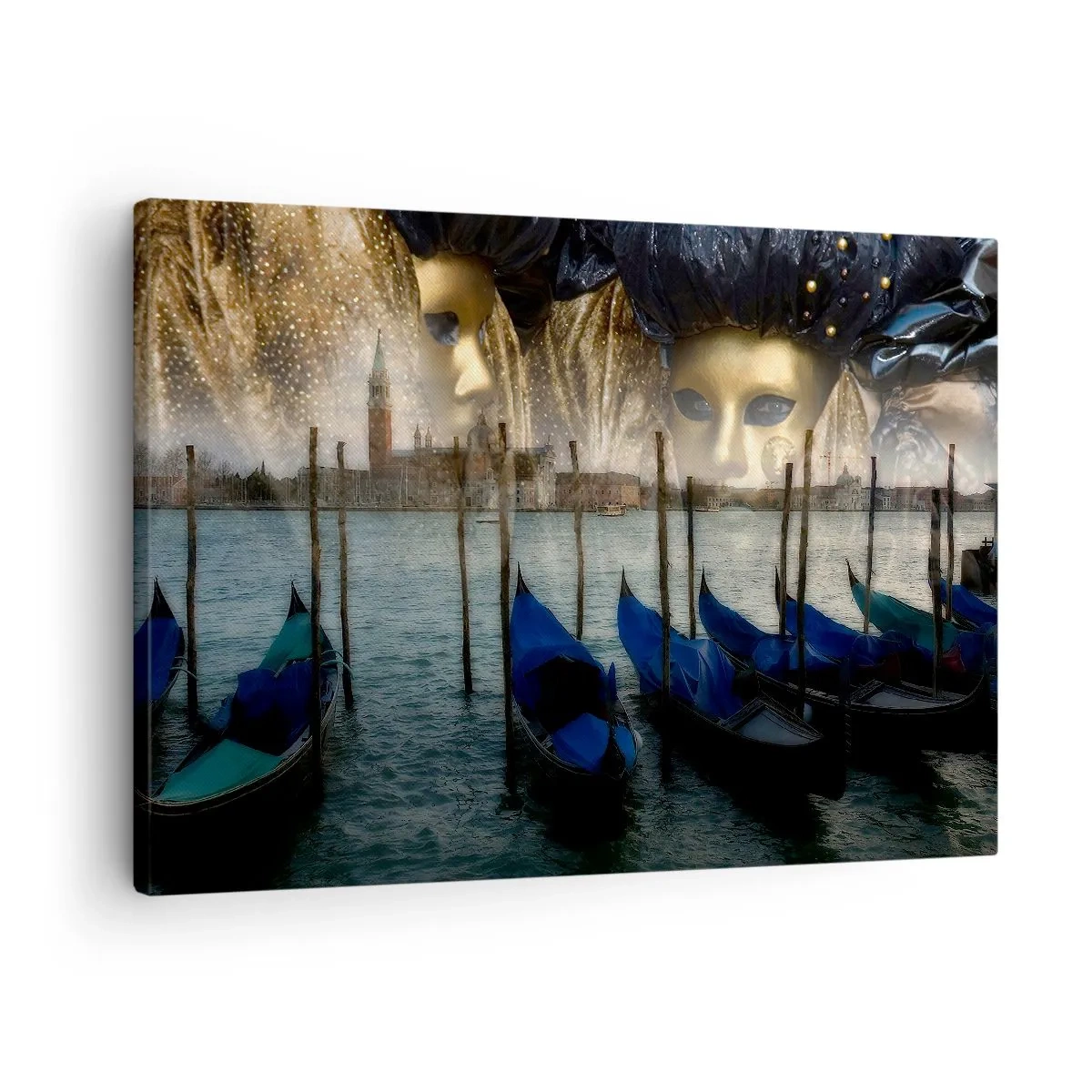 Quadro su tela - Stampe su Tela - Maschere di carnevale veneziane e gondole sullo sfondo della città e dell'acqua - 70x50cm - È ora di iniziare il carnevale - Decorazione murale moderna per soggiorno e camera da letto ARTTOR