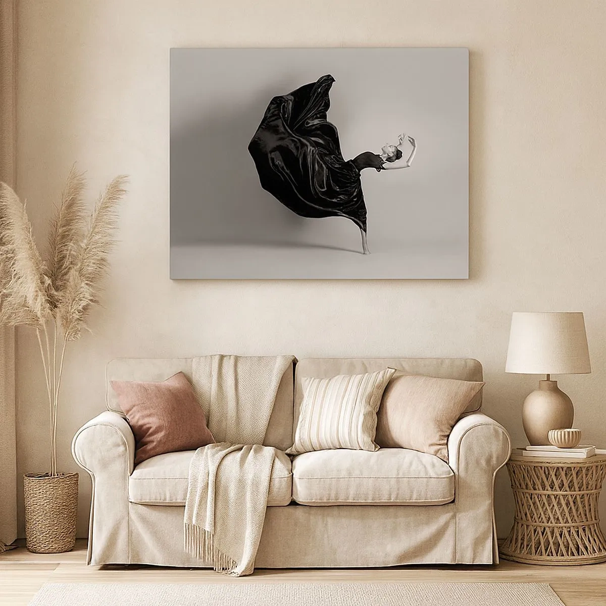 Quadro su tela - Stampe su Tela - Un'elegante ballerina in abito nero in movimento - 70x50cm - Musica alata - Decorazione murale moderna per soggiorno e camera da letto ARTTOR
