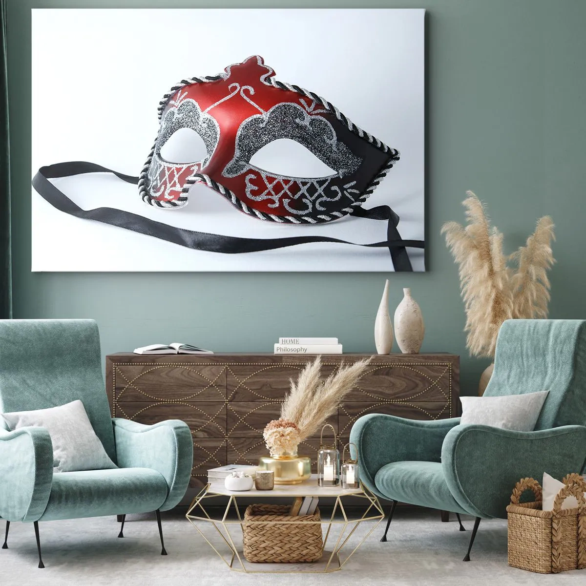 Quadro su tela - Stampe su Tela - Maschera di carnevale rossa su sfondo chiaro - 70x50cm - Invito al ballo - Decorazione murale moderna per soggiorno e camera da letto ARTTOR