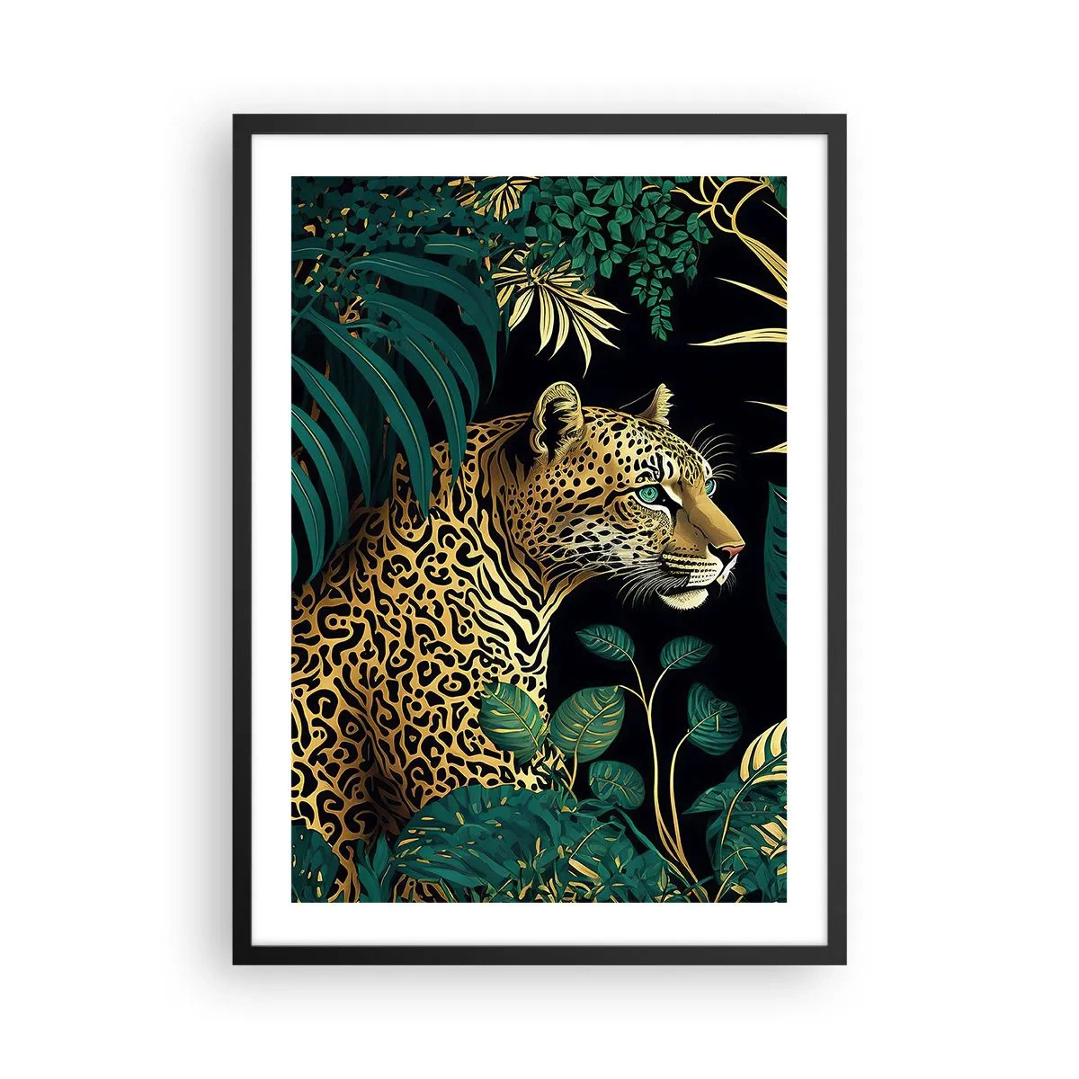 Poster in cornice nera - Leopardo dorato nella giungla tropicale - 50x70cm - Il signore della giungla - Decorazione murale moderna per soggiorno e camera da letto ARTTOR
