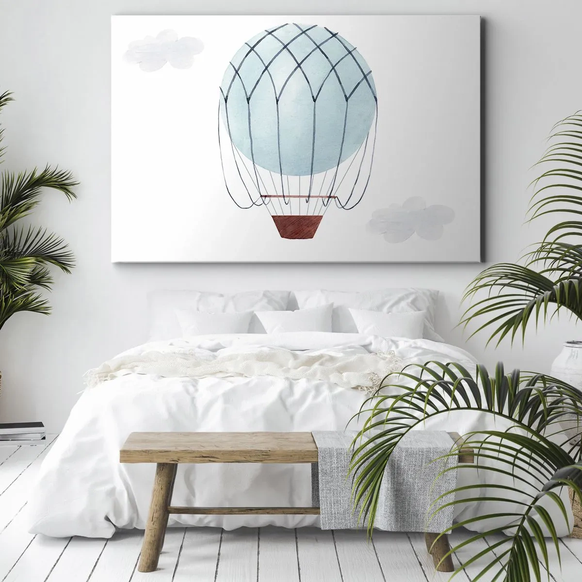 Quadro su tela - Stampe su Tela - Un palloncino dipinto a mano su uno sfondo di nuvole delicate. - 70x50cm - In mezzo alle nuvole - Decorazione murale moderna per soggiorno e camera da letto ARTTOR