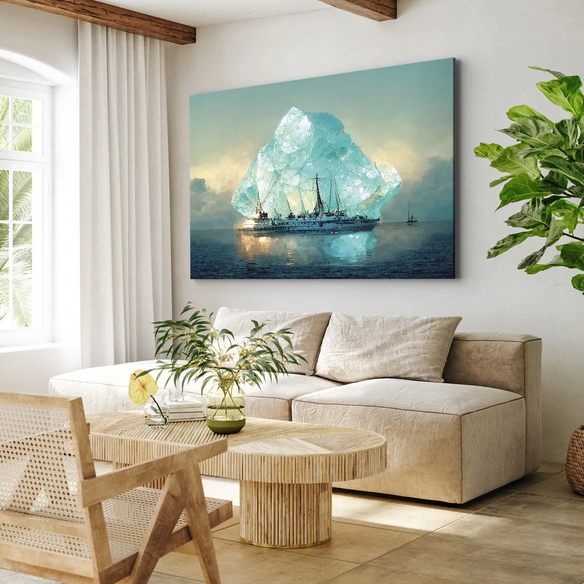 Quadro su tela - Stampe su Tela - Una nave con un maestoso iceberg sullo sfondo - 70x50cm - Brillante artico - Decorazione murale moderna per soggiorno e camera da letto ARTTOR