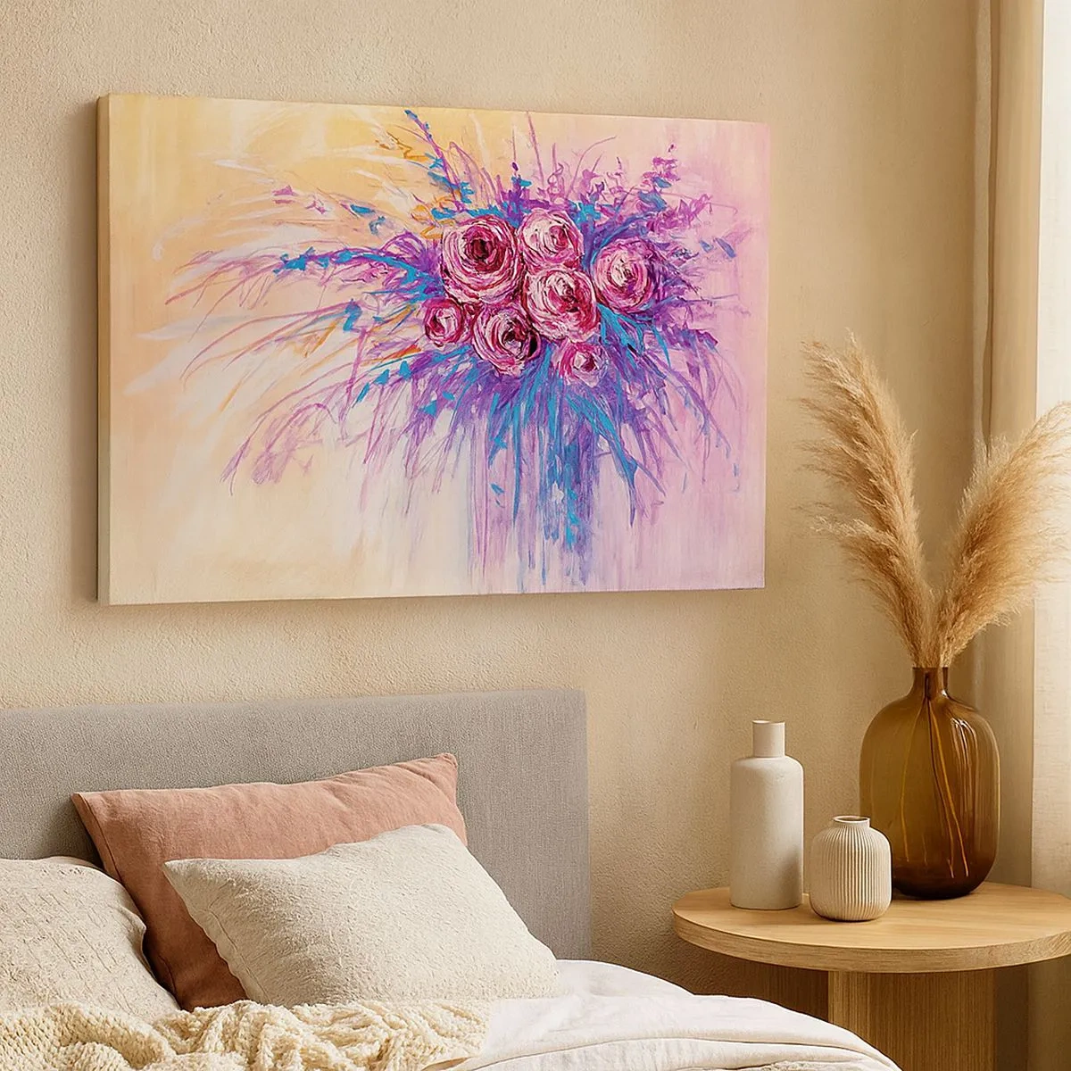 Quadro su tela - Stampe su Tela - Un mazzo di rose dai colori pastello - 70x50cm - Fontana rosa - Decorazione murale moderna per soggiorno e camera da letto ARTTOR