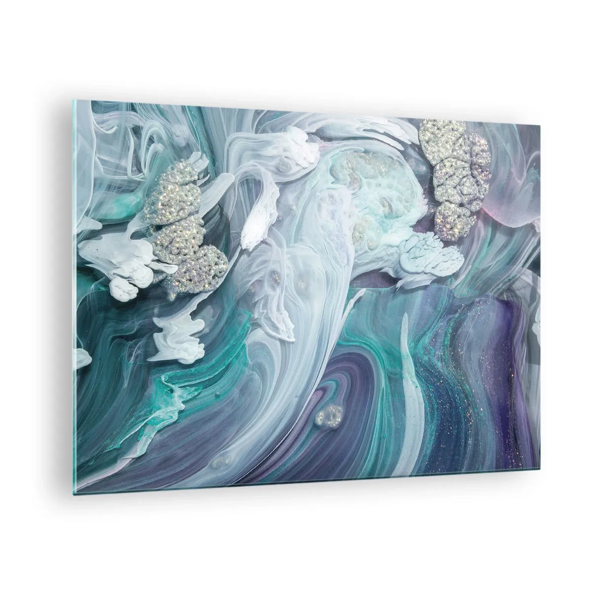 Quadro su vetro - Una composizione astratta nei toni del blu, viola e bianco. - 70x50cm - Correnti di blu - Decorazione murale moderna per soggiorno e camera da letto ARTTOR