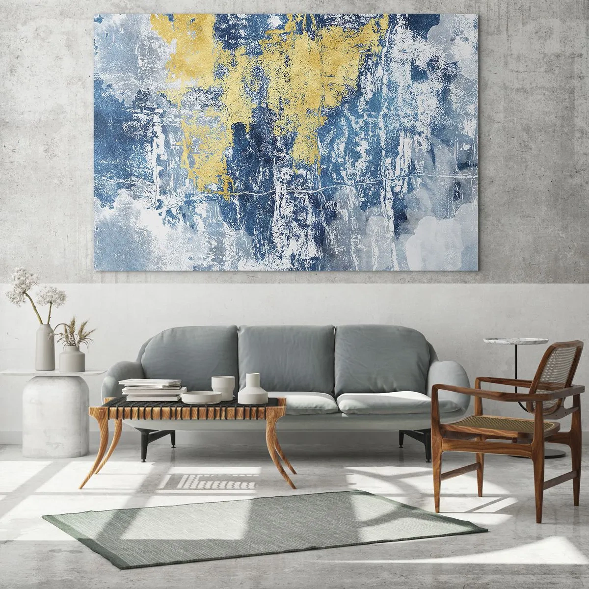 Quadro su vetro - Astrazione blu e gialla con effetto invecchiato e strutturato - 70x50cm - Astrazione piena di ottimismo - Decorazione murale moderna per soggiorno e camera da letto ARTTOR