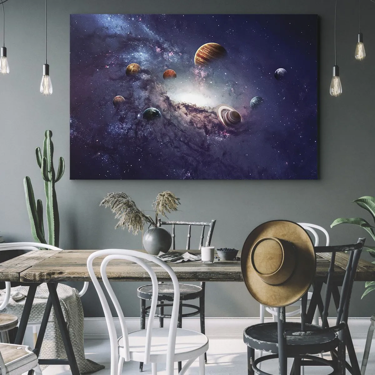 Quadro su tela - Stampe su Tela - Pianeti in una galassia con una nebulosa sullo sfondo - 70x50cm - Sistema solare danzante - Decorazione murale moderna per soggiorno e camera da letto ARTTOR