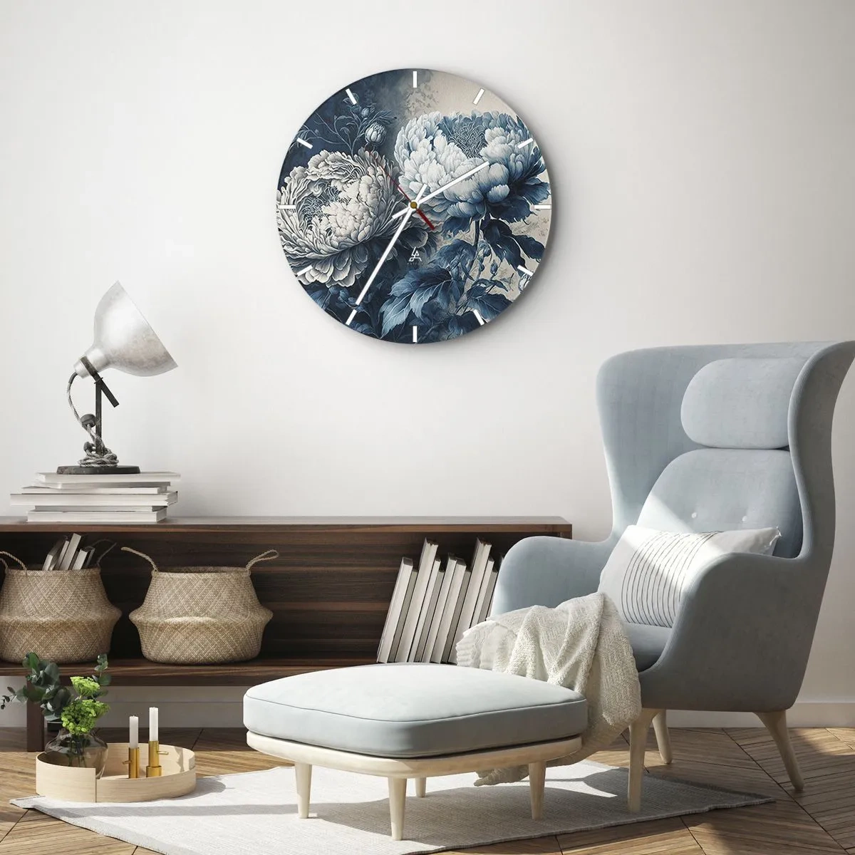 Orologio da parete - Orologio in Vetro - Illustrazione di due peonie nei toni del blu e del bianco - 30x30cm - Coppia perfetta - Decorazione murale moderna per soggiorno, cucina e camera da letto ARTTOR
