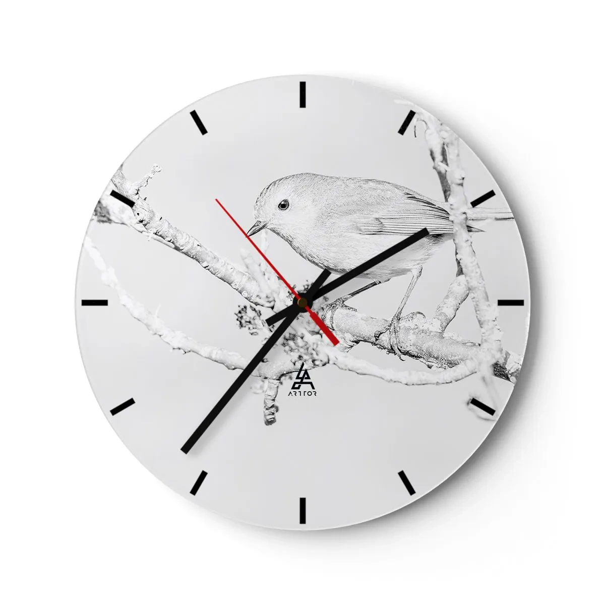 Orologio da parete - Orologio in Vetro - Un uccello su un ramo innevato in uno stile monocromatico abbozzato. - 30x30cm - Mattino invernale - Decorazione murale moderna per soggiorno, cucina e camera da letto ARTTOR