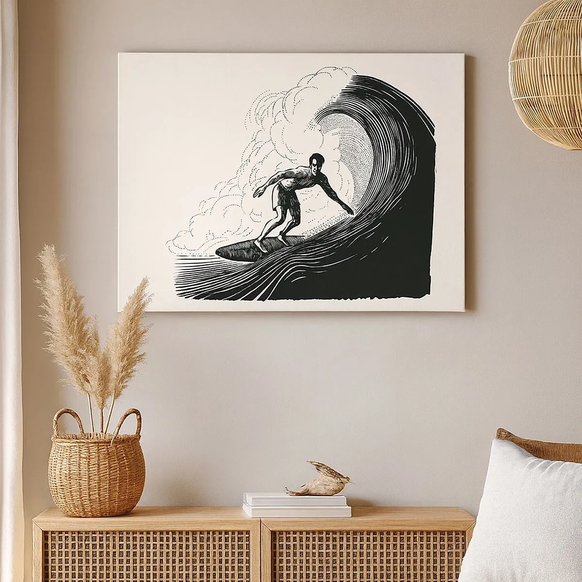 Quadro su tela - Stampe su Tela - Grafica in bianco e nero di un surfista che cavalca un'onda - 70x50cm - Il re delle onde - Decorazione murale moderna per soggiorno e camera da letto ARTTOR