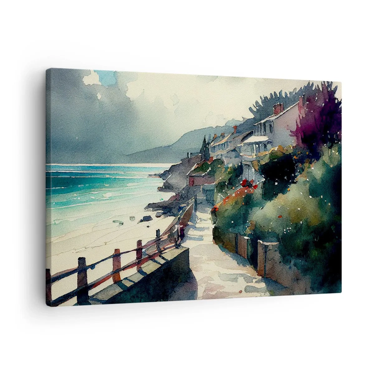 Quadro su tela - Stampe su Tela - Lungomare con case e vegetazione - 70x50cm - Cittadina mediterranea - Decorazione murale moderna per soggiorno e camera da letto ARTTOR