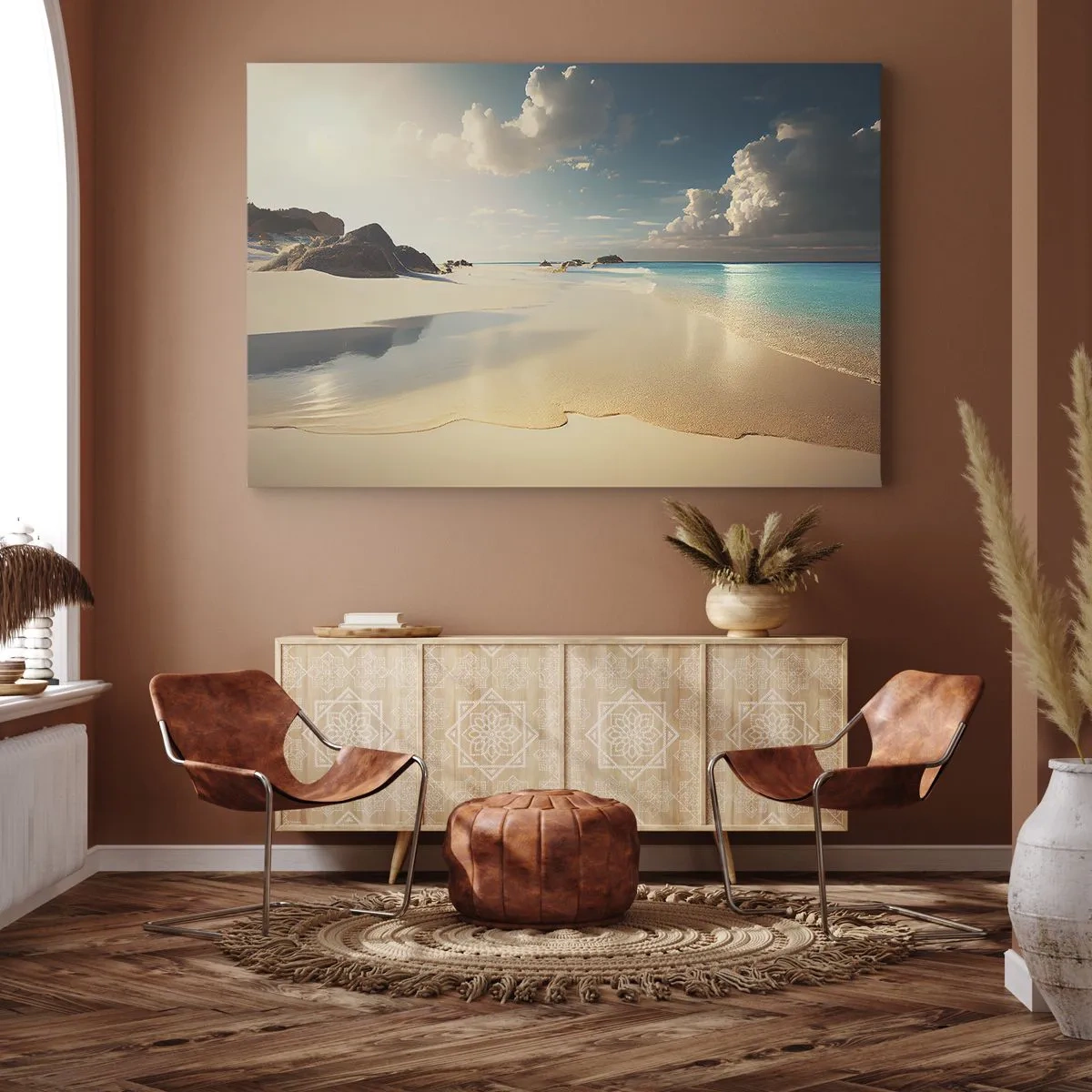 Quadro su tela - Stampe su Tela - Una spiaggia soleggiata con mare azzurro e rocce - 70x50cm - Giornata ideale - Decorazione murale moderna per soggiorno e camera da letto ARTTOR